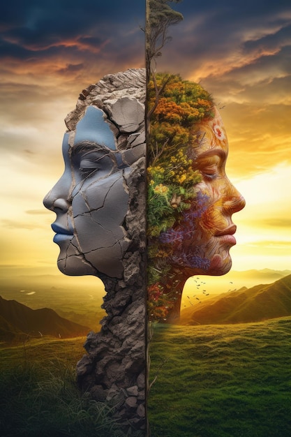 Two human faces Side view Nature vs human surreal conception Beautiful illustration picture