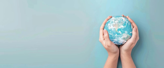 Two human hands holding an earth globe against a blurry blue sky background NASA provided the elements of this image