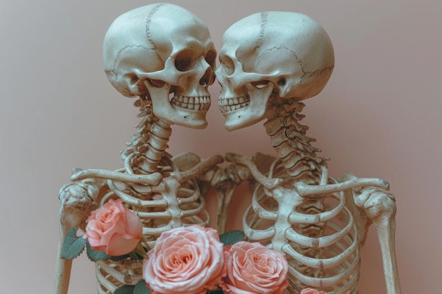 Two Human Skeleton Models Positioned Face to Face With Orange Roses Against a Coral Background