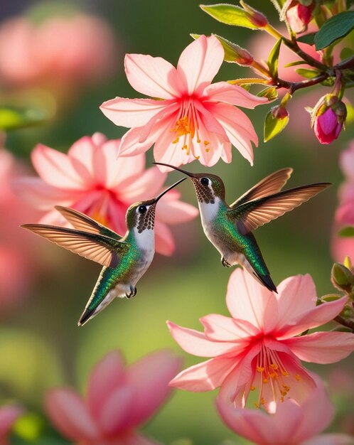 Photo two hummingbirds are on a pink flower with the words hummingbirds on them