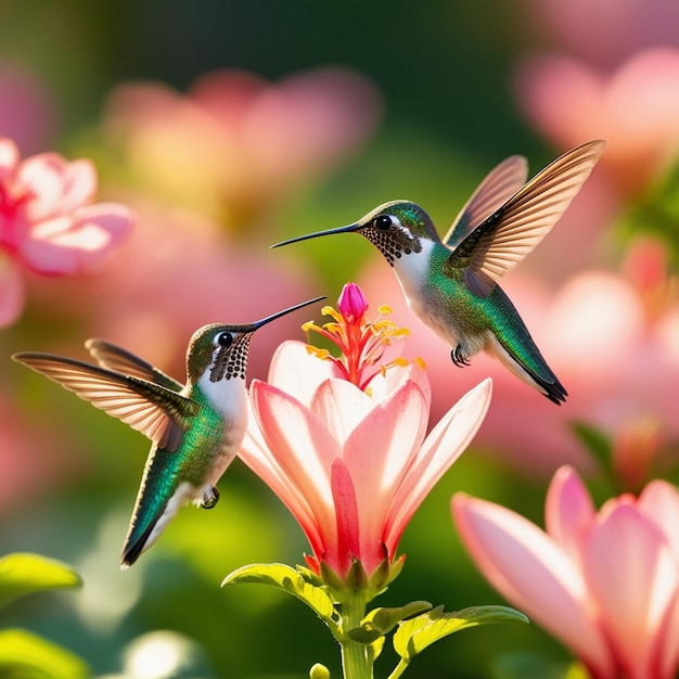 two hummingbirds are sitting on a flower with the words hummingbirds on it