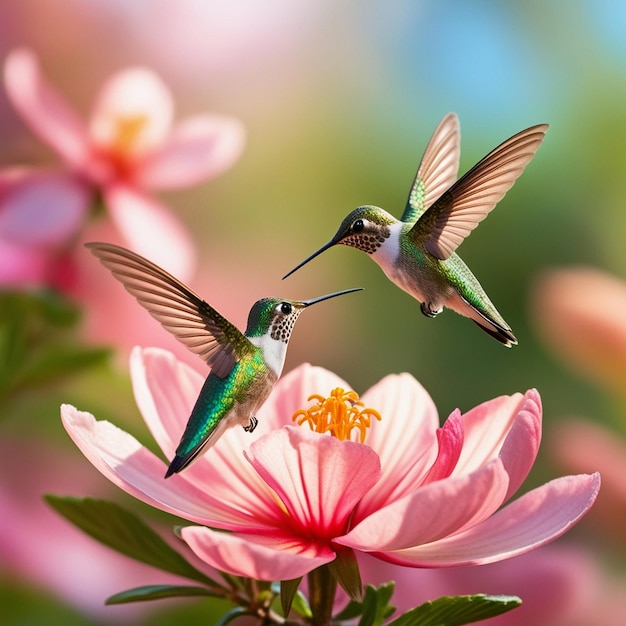 two hummingbirds are sitting on a pink flower