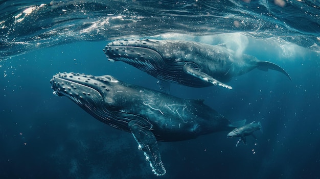 Photo two humpback whales swimming in the ocean