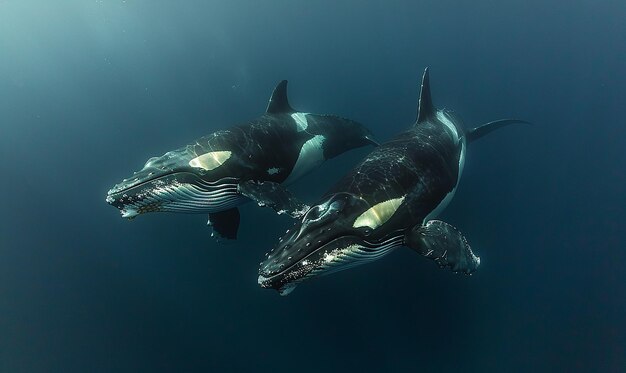 two humpback whales swimming side by side with one being a whale shark