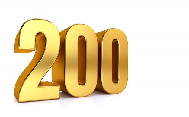 two hundred, 3d illustration golden number 200 on white and copy space on right hand side for text