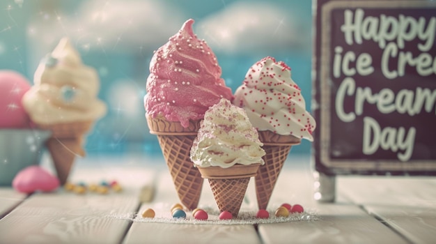 two ice cream cones with a bottle of soda in the background