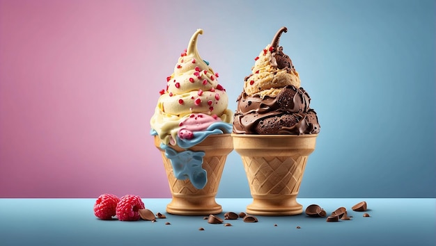 two ice cream cones with one that has ice cream on it