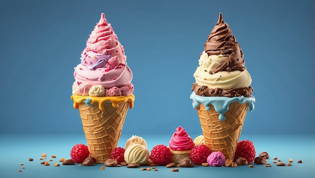 two ice cream cones with one that has ice cream on it