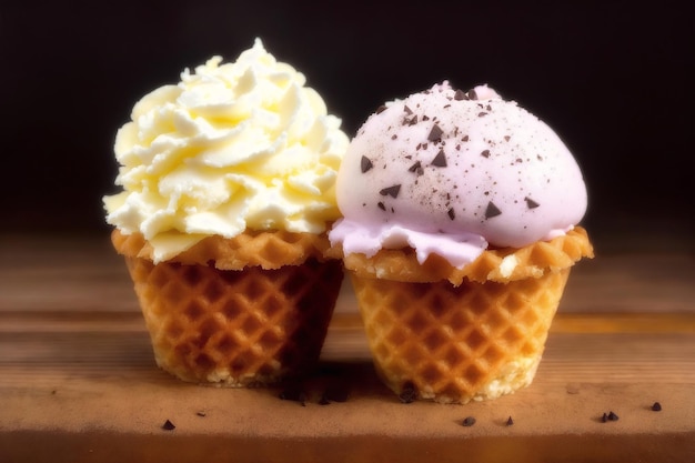 Two ice cream cones with one with a purple topping and the other with a black background.