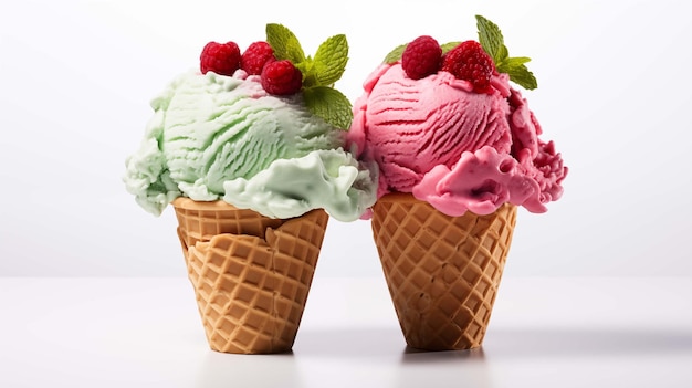 Two ice cream cones with scoops of mint and raspberry ai generated closeup image