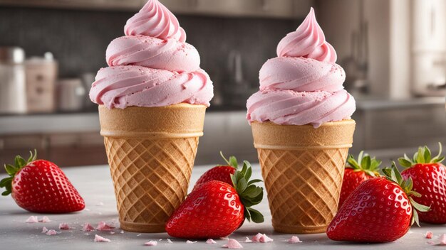 Photo two ice cream cones with strawberries on a counter