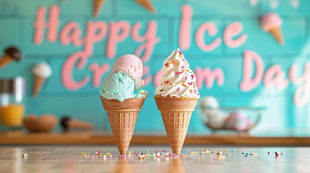 two ice cream cones with the words happy birthday on them