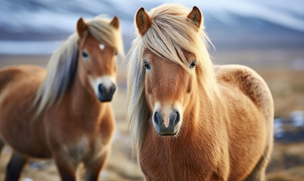 Two Icelandic Lusciousmaned horses in a serene pasture with mountains in the backdrop Created with generative AI tools