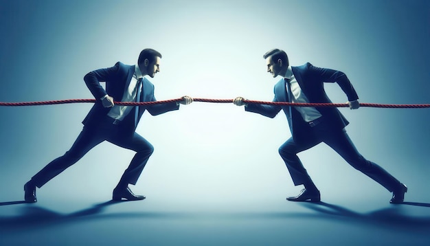 Photo two identical businessmen engaged in a tug of war on a blue background concept internal conflict selfsabotage battling opposing forces within