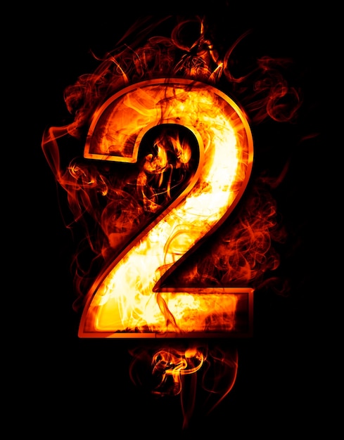 two, illustration of  number with chrome effects and red fire on black background