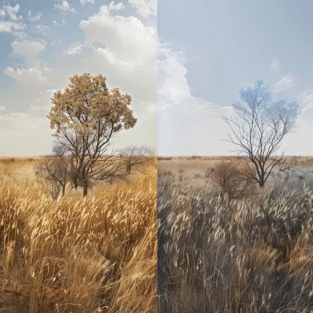 Two images of a field with trees in the foreground and a sky in the background