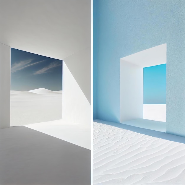 Two images of a white room and a white desert