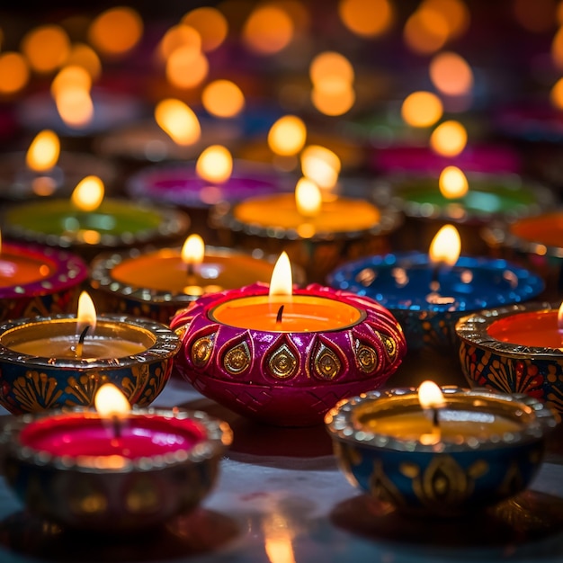 Two Indian women light diyas on the occasion of Diwali also known as the Festival of Lights Decora