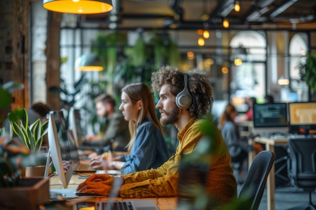 Two individuals at desk with PCs and headphones