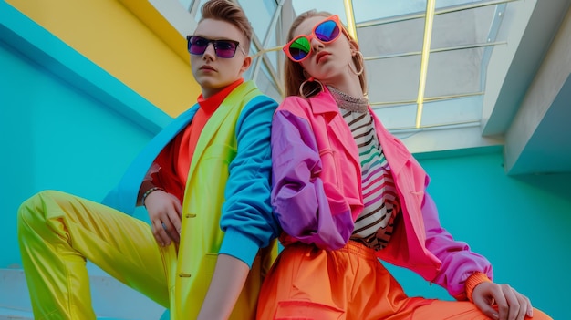 Two individuals dressed in vibrant retroinspired outfits strike a confident pose against a colorful modern backdrop