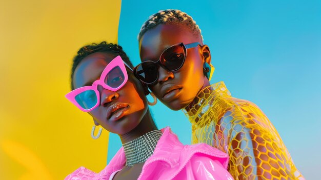 Two individuals pose in colorful trendy outfits against a vibrant backdrop exuding a bold and fashionable vibe