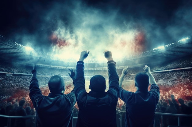 Two individuals raise their hands in triumph receiving thunderous applause from a lively crowd Rear view of cheering football fans in stadium AI Generated