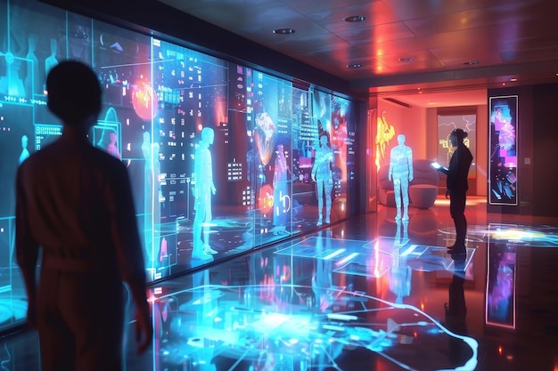 Two individuals standing in a room A futuristic depiction of a virtual party where guests interact through holographic visuals