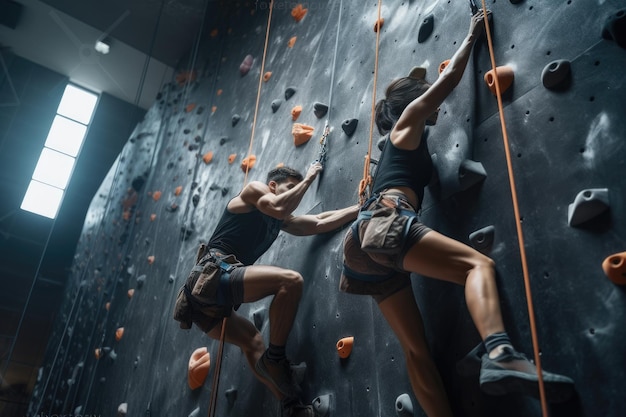 Photo two individuals successfully scaling a jagged rock wall as they showcase their climbing skills couple of athletes climber moving up on steep rock climbing on artificial wall indoors ai generated