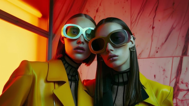 Photo two individuals in vibrant yellow jackets and futuristic goggles stand together against a neonlit background exuding modern style