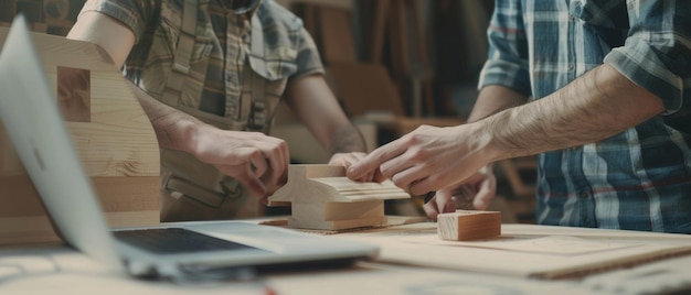 Photo two individuals in a workshop are deeply engaged in crafting wooden models highlighting skills teamwork and creativity in craftsmanship