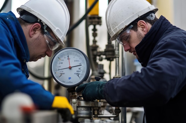 Photo two industrial workers checking a pressure gauge