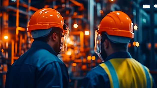 Two industrial workers in hard hats and face shields are standing in a large industrial setting