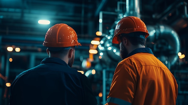 Two industrial workers in hard hats stand in a factory looking at something offcamera