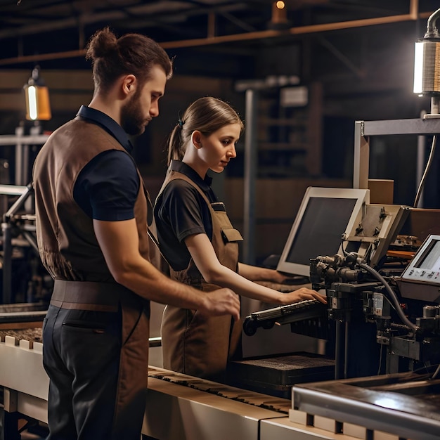 Two industrial workers a man and a woman operate a complex machinery in a factory setting