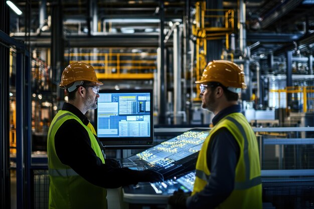 Photo two industrial workers monitoring a control panel in a factory