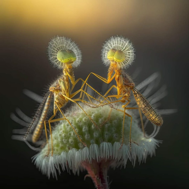 Two insects are sitting on a flower with the sun shining on them.