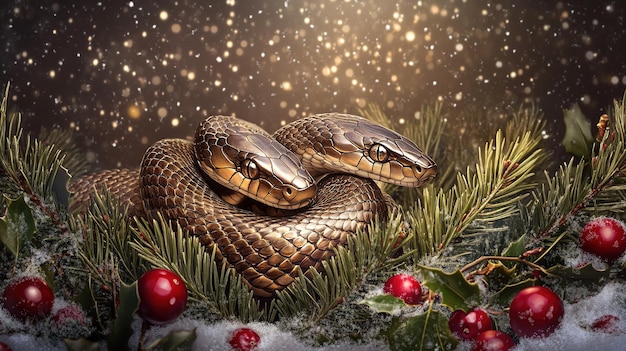 Two intricately detailed golden snakes resting among winter foliage and berries during a peaceful snowy evening