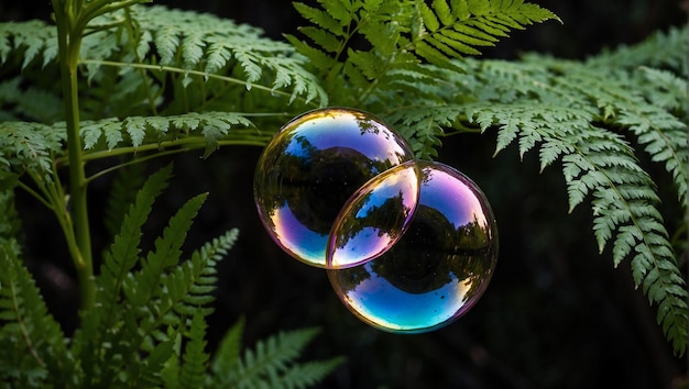 Two iridescent bubbles float in front of a dark green fern frond