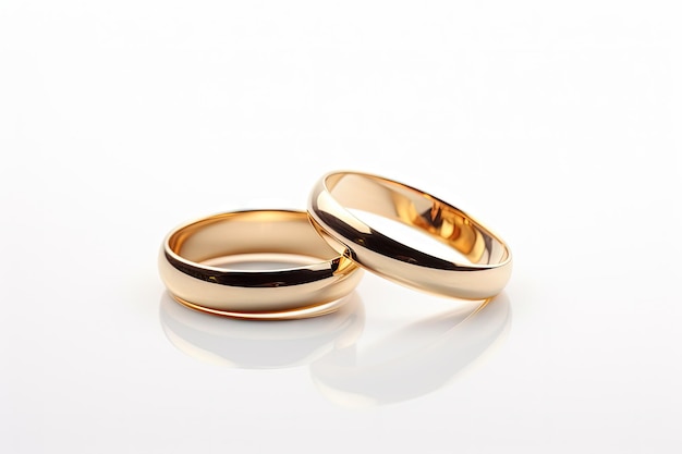 Two isolated golden wedding rings on white