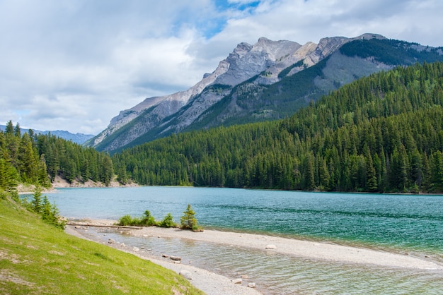 Two Jack Lake in Banff National Park, Canada in Cloudy day