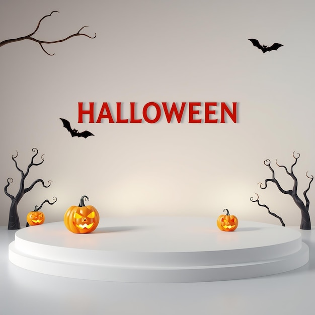 Two Jackolantern pumpkins on a white podium with Halloween written on a white wall