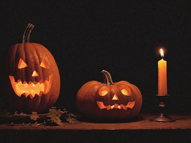 Two JackoLanterns and a Candle on a Dark Halloween Night