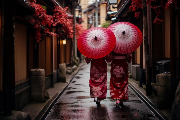 Two Japanese Girls in Traditional Kimono Walking Under Lanterns at Night in Kyoto