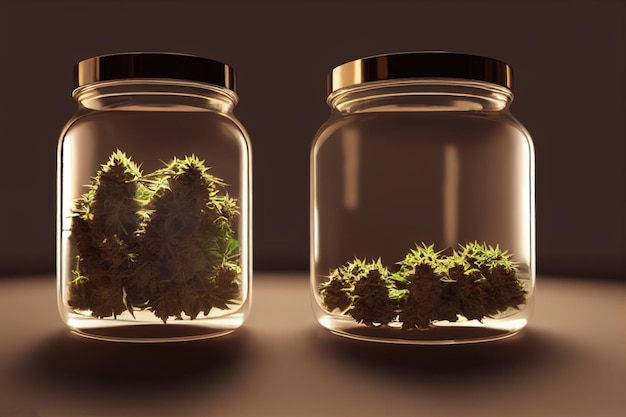 Two jars of cannabis are filled with a plant that is labeled with the words hemp