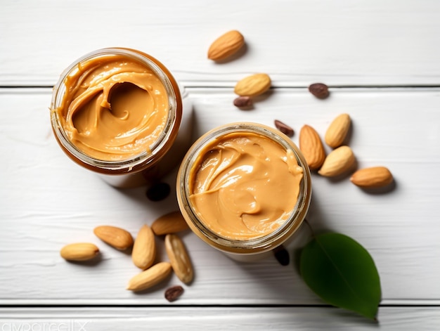 Two jars of peanut butter and almonds on a white wooden table.