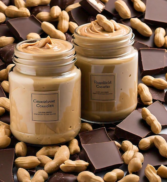 two jars of peanut butter are on top of a pile of chocolates