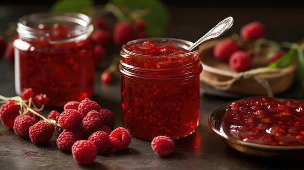 Two jars of raspberry jam with a bowl of raspberries on the side.