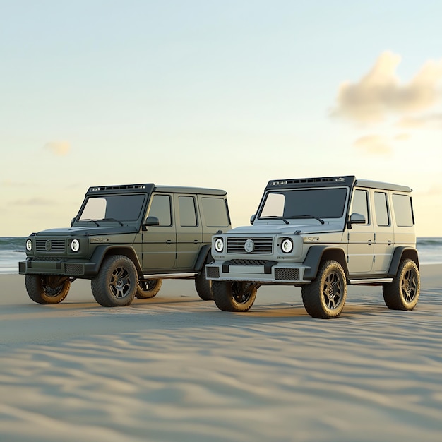 Photo two jeeps are parked on the beach with the number 1 on the front