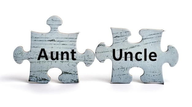 Photo two jigsaw puzzle pieces labeled aunt and uncle on white background