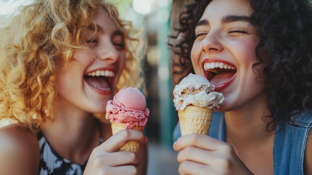 Photo two joyful friends enjoying ice cream cones together during a sunny day at an outdoor cafe